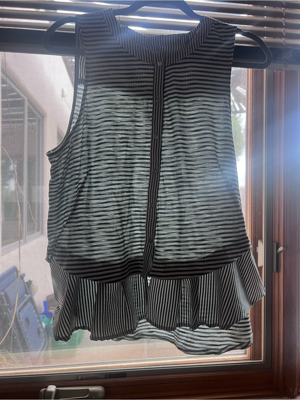 Meadow Rue Black and White Striped Sleeveless Peplum Button-Front Top